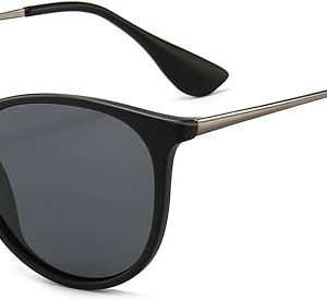 Vintage Round Sunglasses for Women Men Classic Retro Designer Style (Black Frame(Matte Finish)/Polarized Grey Lens) 1567 PGHKH